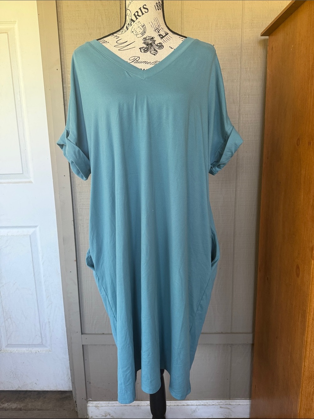 Zenana Outfitters Dusty Teal V-Neck Draped Tunic with Pockets